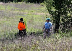 LaNell and canine Remi walk through a field