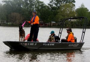 Canine Noggin searches from the boat with Teresa